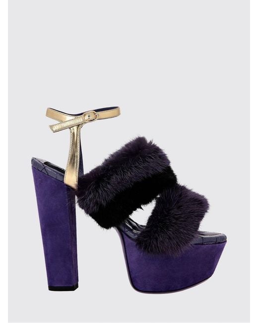Philipp Plein Blue Striped Suede And Fur Platform Sandals