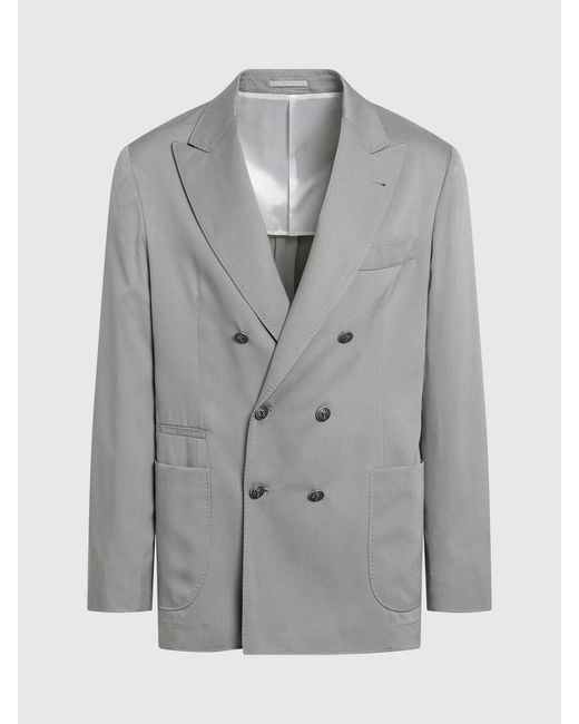 Brunello Cucinelli Gray Double-Breasted Silk Blazer for men