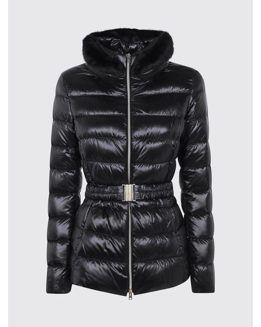 Herno Black Slim Fit Quilted Nylon Puffer Jacket With Fur Collar And Belt