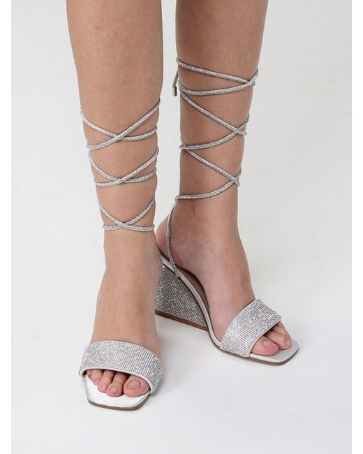 Twentyfourhaitch White Lezira Rhinestone Fabric Wedge Sandal