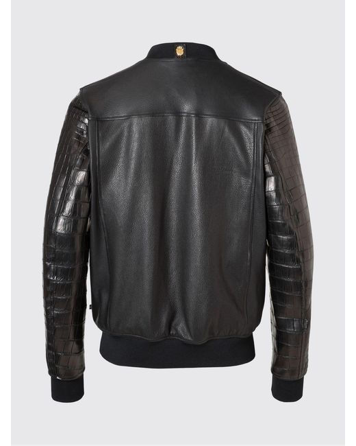 Billionaire Black Nappa And Crocodile Leather Bomber Jacket With Snap Buttons for men