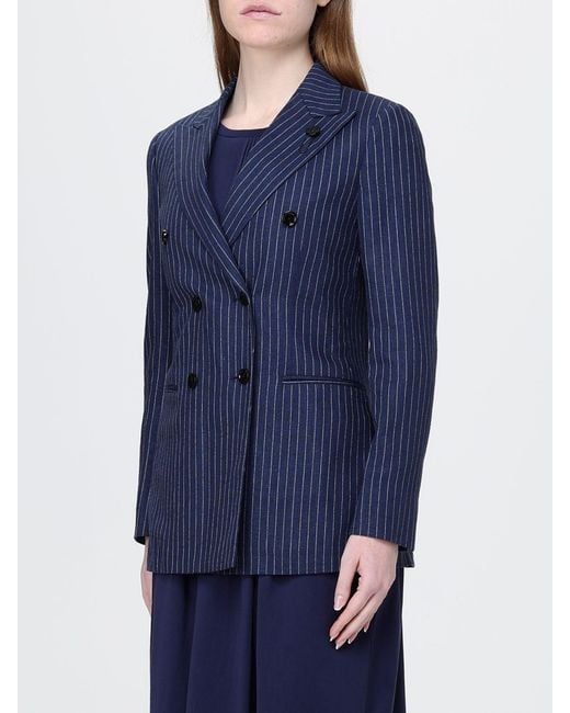 Lardini Blue Pinstriped Linen Blend Double Breasted Blazer