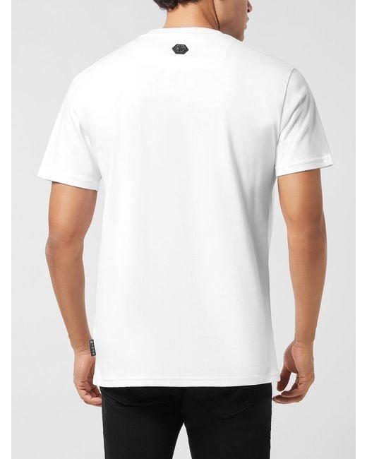 Philipp Plein White Cotton T-Shirt With Logo And Rhinestones for men