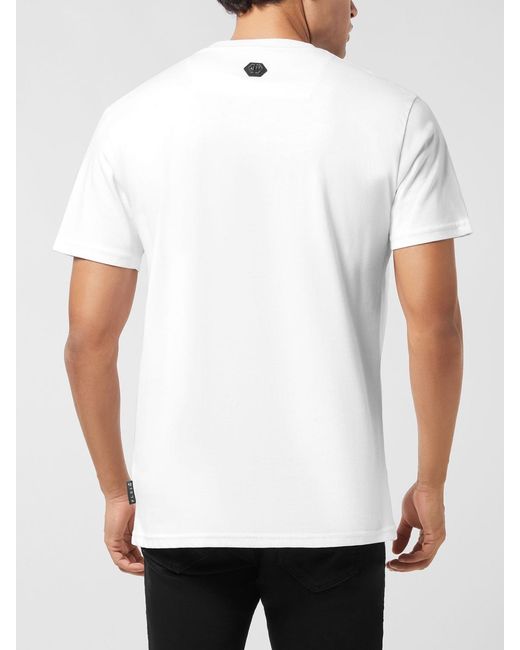 Philipp Plein White Cotton T-Shirt With Logo And Rhinestones for men