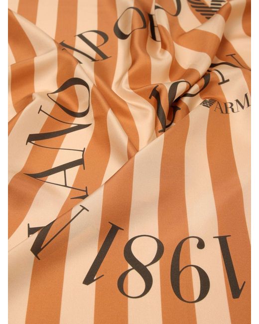 Emporio Armani Natural Striped Silk Scarf With Logo Print And Fringed Edges