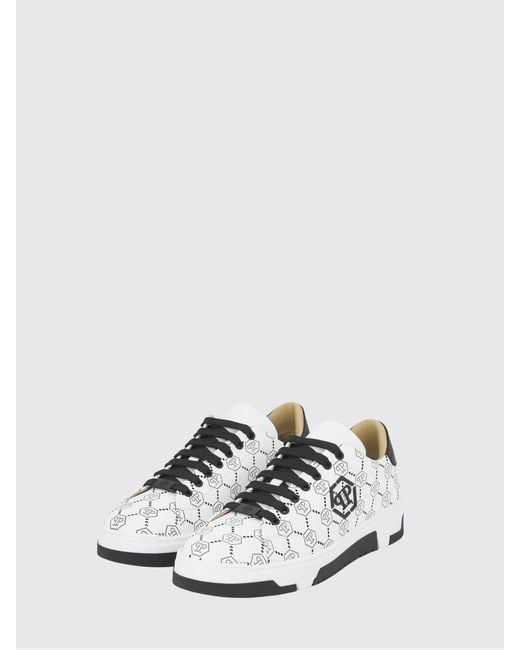 Philipp Plein White Low-Top Leather Sneakers With Rhinestone Hexagon Logo for men