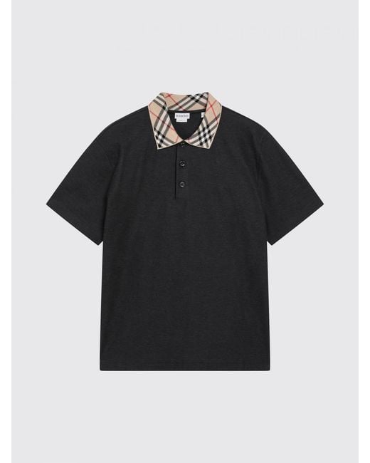 Burberry Black Cotton Polo Shirt With Check Collar And Ekd Logo Embroidery for men