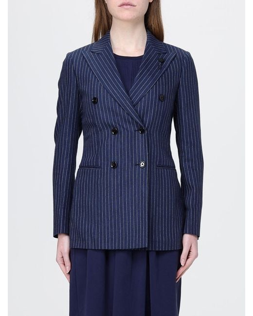 Lardini Blue Pinstriped Linen Blend Double Breasted Blazer