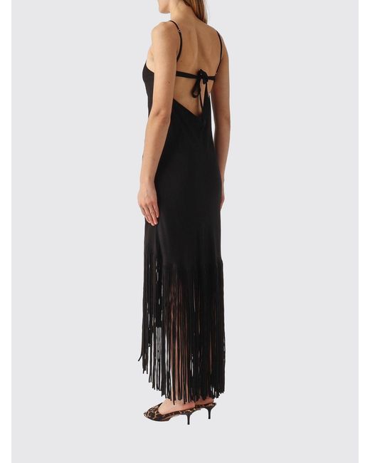 Pinko Black Viscose Blend Midi Dress With Fringes