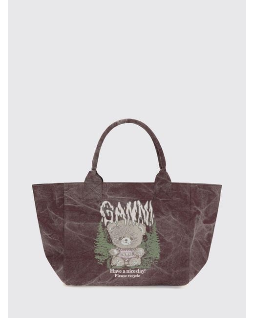 Ganni Blue Large Recycled Cotton Tote Bag With Teddy Bear Print