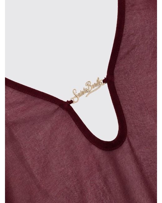 Mc2 Saint Barth Red Sheer Tulle Midi Tunic With V-Neck And Long Sleeves