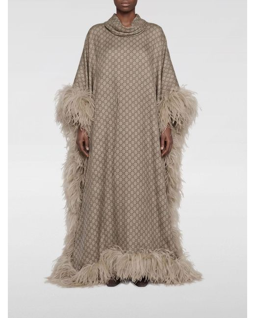 Gucci Natural Long Monogram Silk Kaftan With Ostrich Feather Trim