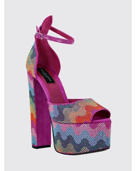 Philipp Plein Multicolor Suede Platform Sandals With Abstract Print And Rhinestones