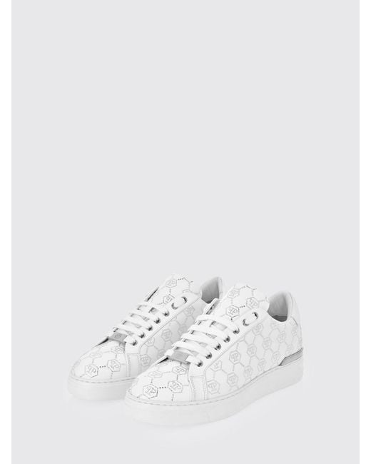 Philipp Plein White Leather Sneakers With Rhinestone Hexagon for men
