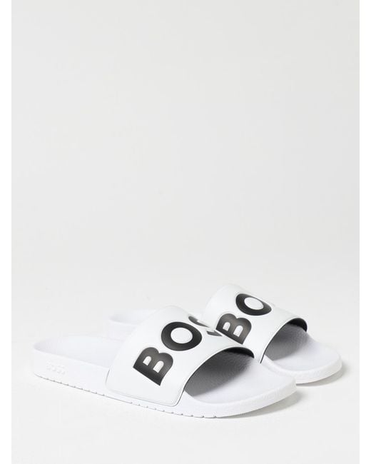 Boss White Rubber Sliders With Logo Print for men