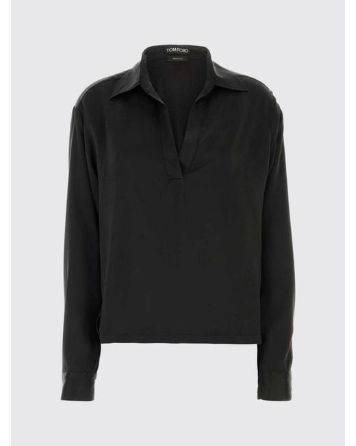 Tom Ford Blue V-Neck Silk Blouse With Long Dropped-Shoulder Sleeves