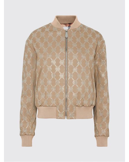 Philipp Plein Natural Pp Monogram Rhinestone Bomber Jacket
