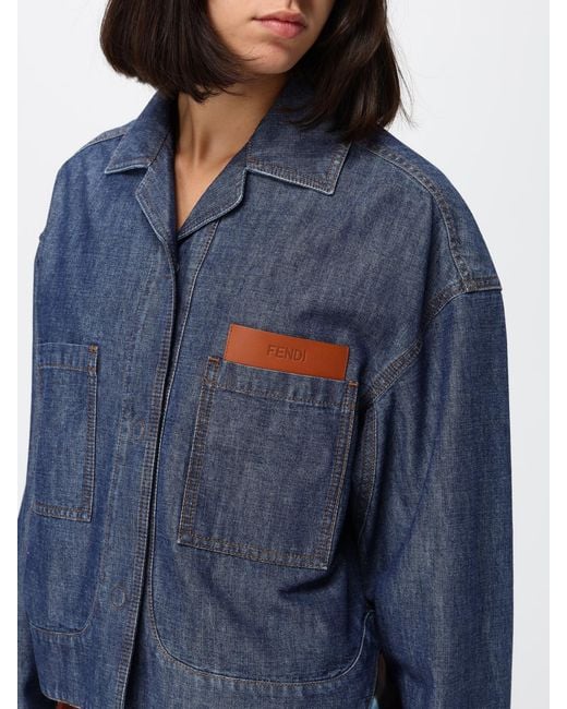 Fendi Blue Cropped Shirt-Style Cotton Denim Jacket With Embossed Logo