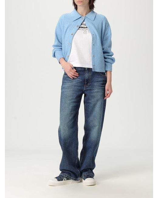 Marc Jacobs Blue Collared Cardigan With Jewel Buttons Long Sleeves And Ribbed Knit Detail