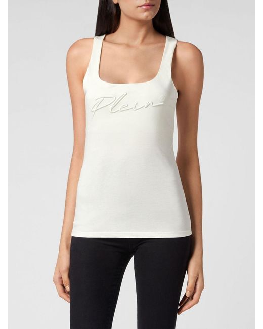 Philipp Plein White Slim Fit Jersey Tank Top With Square Neck And Embroidered Logo