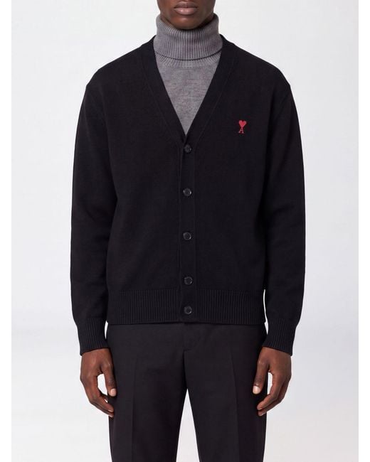 AMI Blue V-Neck Wool Cardigan With Contrast Embroidered Logo for men