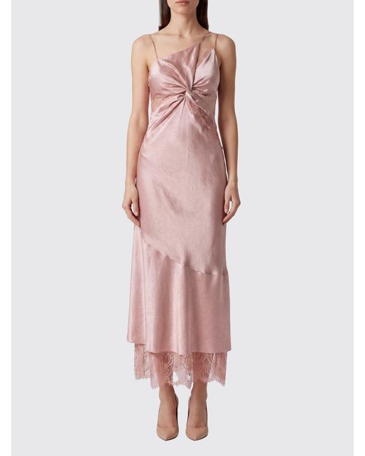 Pinko Pink Asymmetrical Satin Midi Slip Dress With Lace Inserts