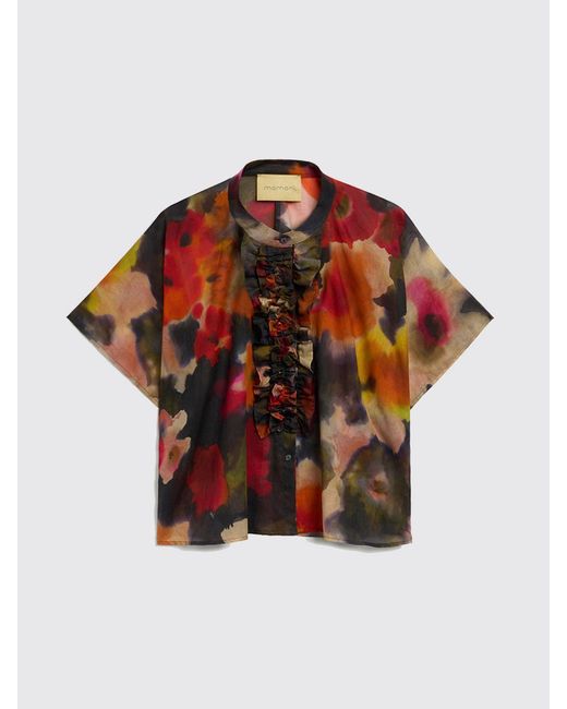 Momoní Red MomonÌ Short-Sleeved Floral Print Cotton Shirt With Ruffles And A Mandarin Collar