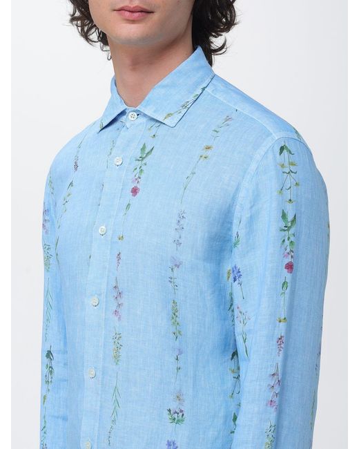 120% Lino Blue Linen Shirt With Floral Embroidery for men