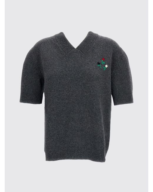 Marni Gray V-Neck Virgin Wool And Cashmere Sweater With Embroidery