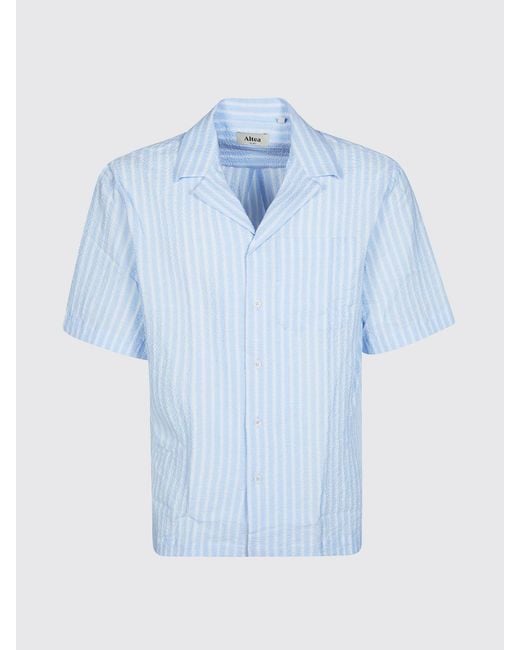 Altea Blue Striped Cotton Bowling Shirt With Cuban Collar And Short Sleeves for men