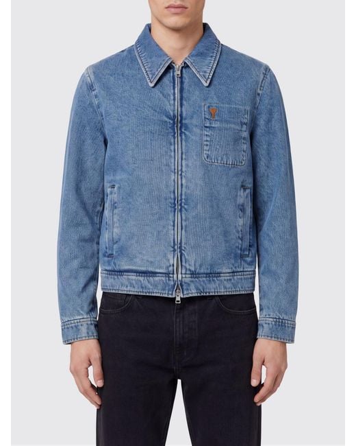 AMI Blue Cotton Denim Zip-Up Jacket With Embroidered Logo for men
