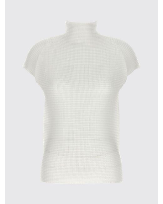 Issey Miyake White Pleated Slim Fit Turtleneck With Short Sleeves