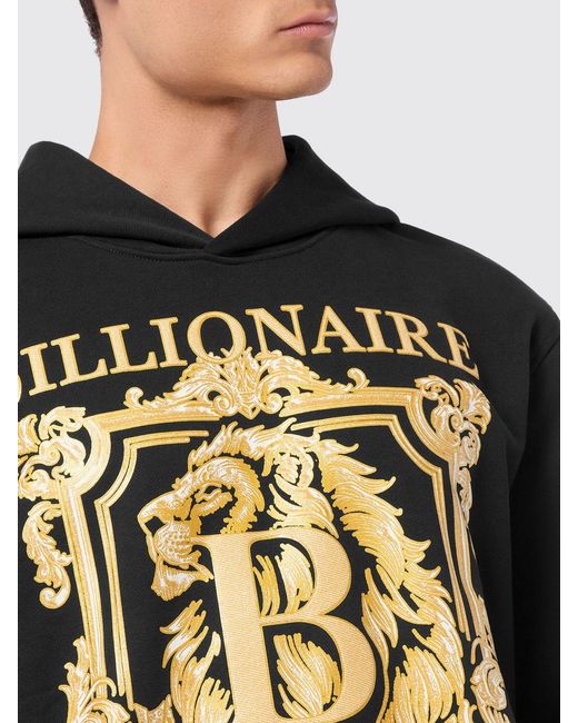 Billionaire Black Cotton Hoodie With Baroque Print for men