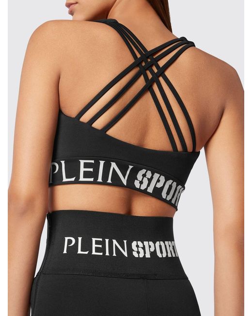 Philipp Plein Black Cropped Jersey Sports Top With Square Neckline And Jacquard Logo