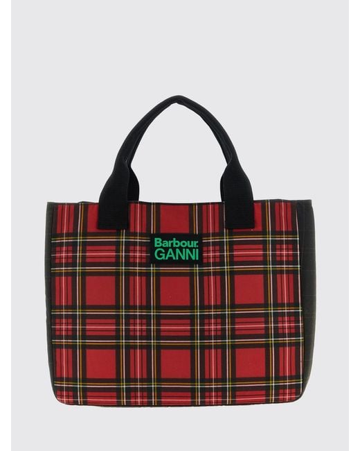 Barbour Red X Ganni Tartan Cotton Tote Bag With Logo