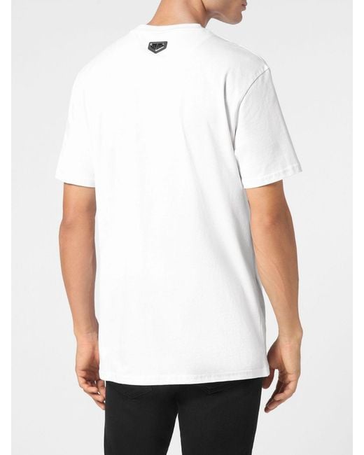 Philipp Plein White Cotton T-Shirt With Skull Print And Rhinestone Hexagon Logo for men