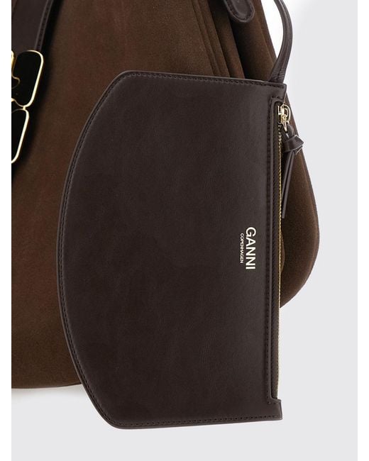 Ganni Brown Monogram Suede Shoulder Bag With Metallic Butterfly Logo