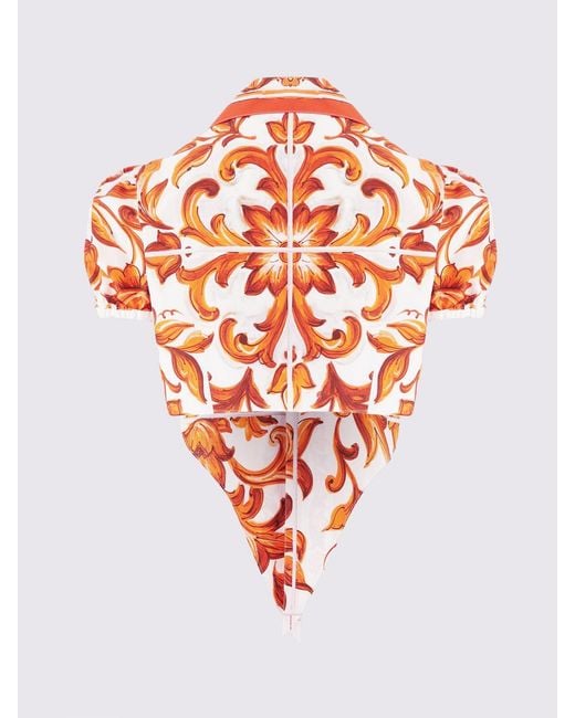 Dolce & Gabbana Red Dolce &Amp Gabbana Majolica Print Cropped Cotton Shirt With Front Tie