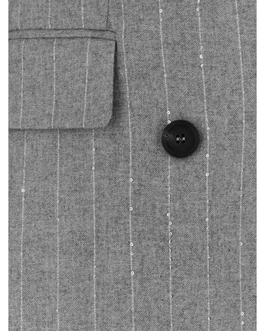 Brunello Cucinelli Gray Pinstripe Wool Short Double-Breasted Blazer With Sequins