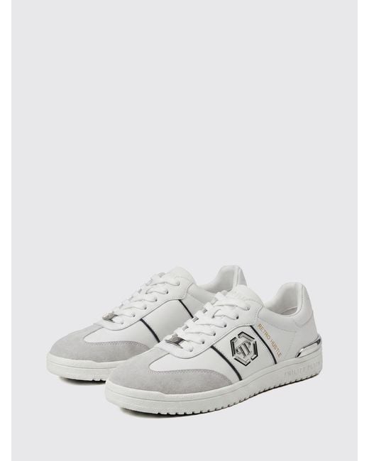 Philipp Plein White Retro Hustle Leather Sneakers With Hexagon Logo for men