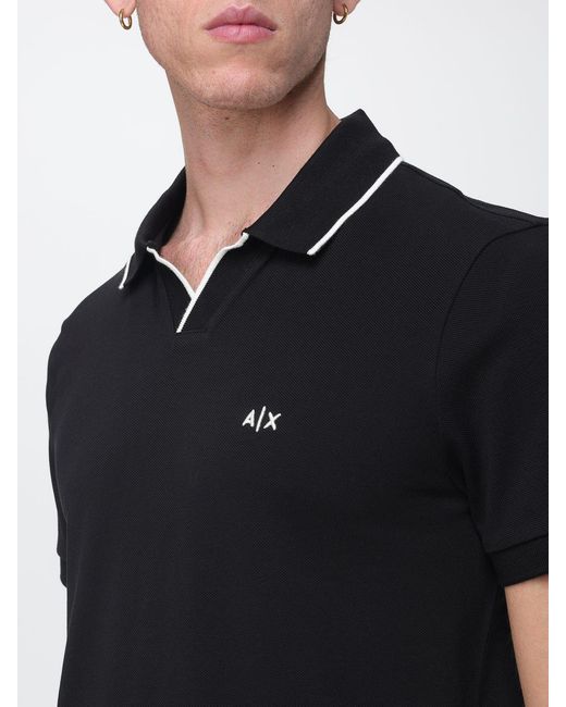 ARMANI EXCHANGE Black Pique Cotton Polo With Logo And Contrasting Details for men