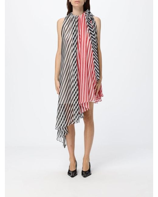 MSGM Red Asymmetric Striped Crêpe Midi Dress With Halter Neck