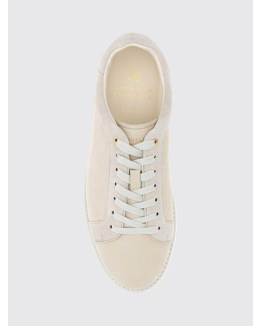 Brunello Cucinelli Natural Low Top Leather And Suede Sneakers With Printed Logo for men