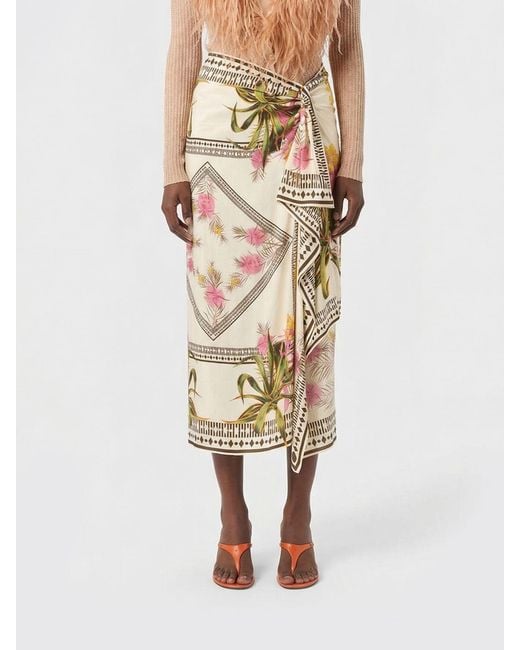 Blumarine Natural Asymmetric Printed Viscose Pareo Skirt