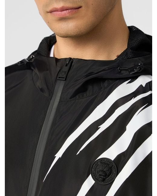 Philipp Plein Black Nylon Windbreaker Jacket With Hood And Rear Contrast Logo for men