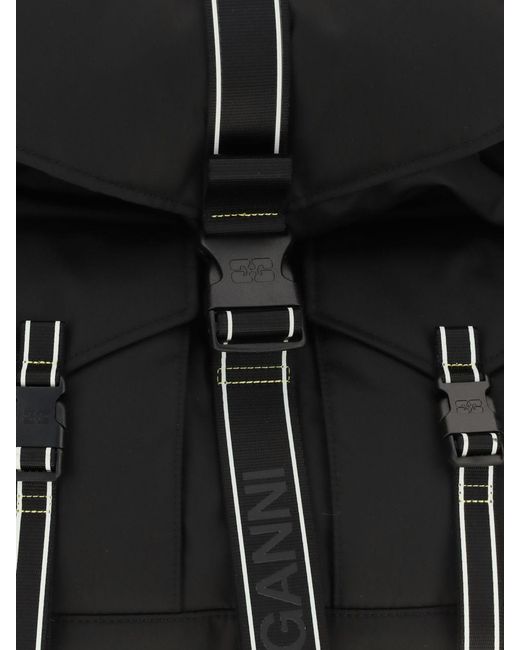 Ganni Black Recycled Polyamide Backpack With Flap And Adjustable Buckles