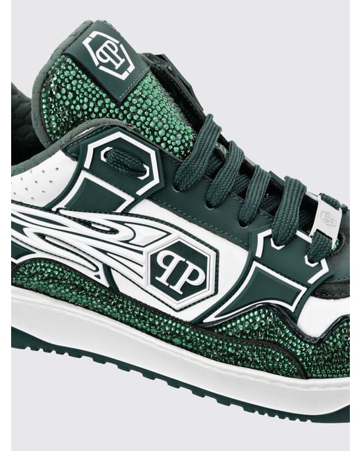 Philipp Plein Green Leather And Rubber Rhinestone Sneakers for men