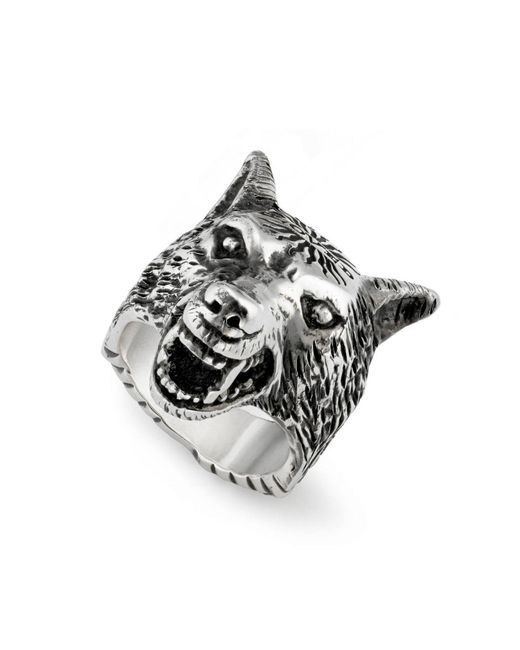 Gucci Metallic Anger Forest Wolf Head Ring In Silver for men