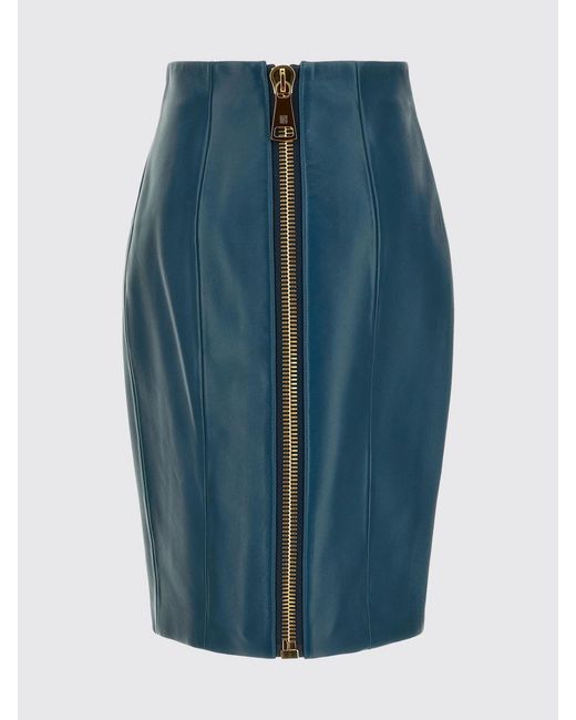 Balmain Blue High-Waisted Lamb Leather Midi Pencil Skirt With Slit