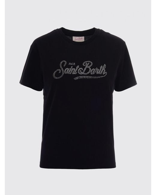 Mc2 Saint Barth Black Crewneck Cotton T-Shirt With Graphic Print And Logo
